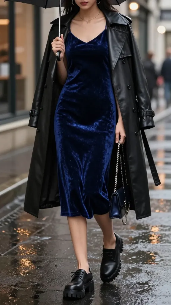 A midi-length matte velvet slip dress in midnight blue, with chunky Docs, a sleek leather trench coat, and a chain-strap mini bag; shot on a rainy street with reflections and umbrella lighting.