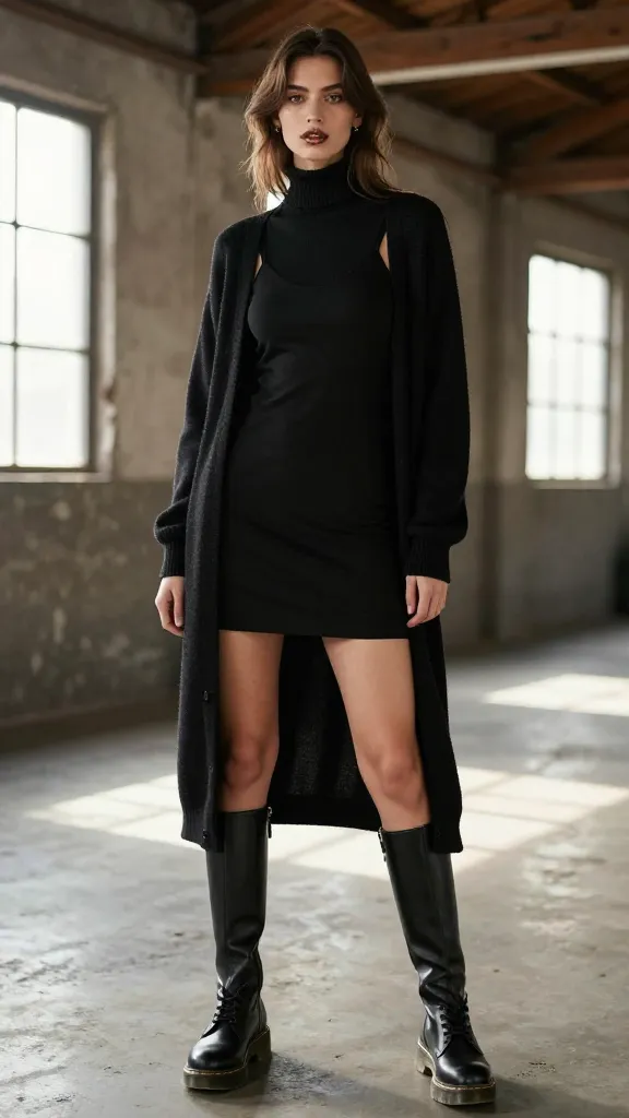 A black slip dress layered over a fitted turtleneck, with knee-high Doc Martens, a longline cardigan, and a bold metallic lip (implied, no makeup visible), posed against a rustic warehouse wall with wooden beams and natural light streaming through windows.