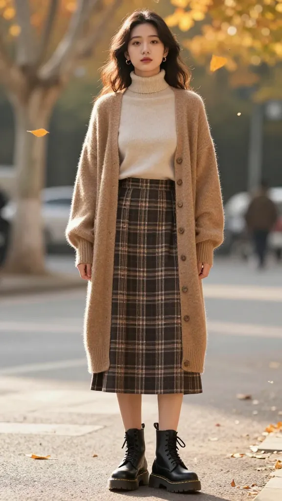 A street-style autumn scene featuring chunky black Doc Martens paired with a fitted oatmeal turtleneck, a knee-length plaid skirt, and a long camel cardigan, in soft golden-hour lighting with amber leaves drifting around.