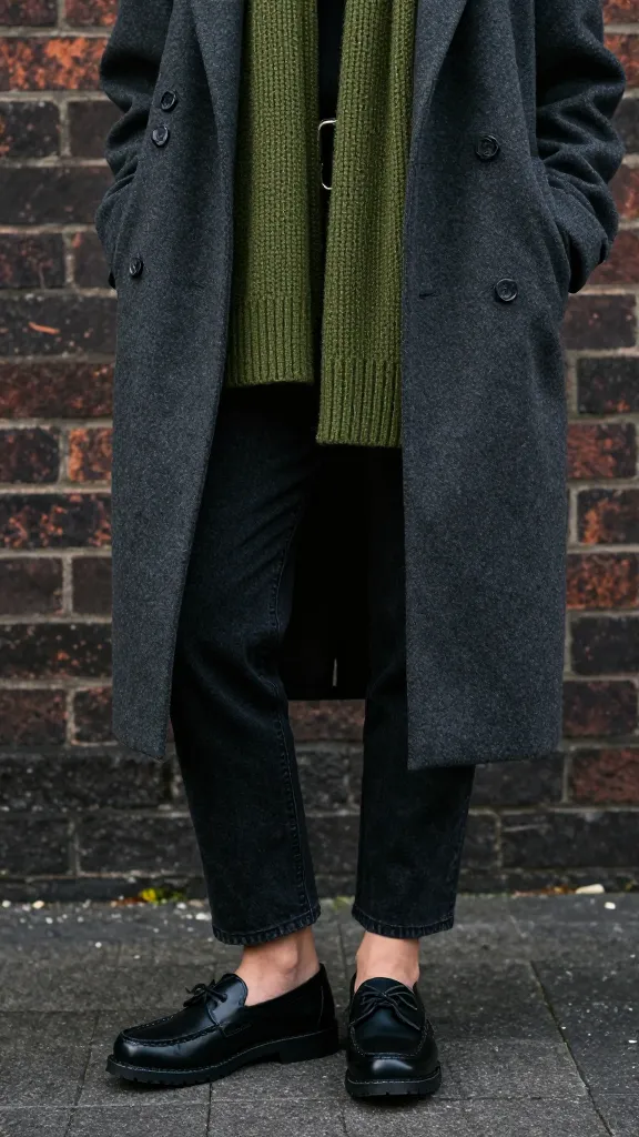 Close-up portrait of a model wearing black Docs with black denim jeans, layered under an oversized charcoal coat, and a knit scarf in moss green, set against a moody urban brick backdrop.
