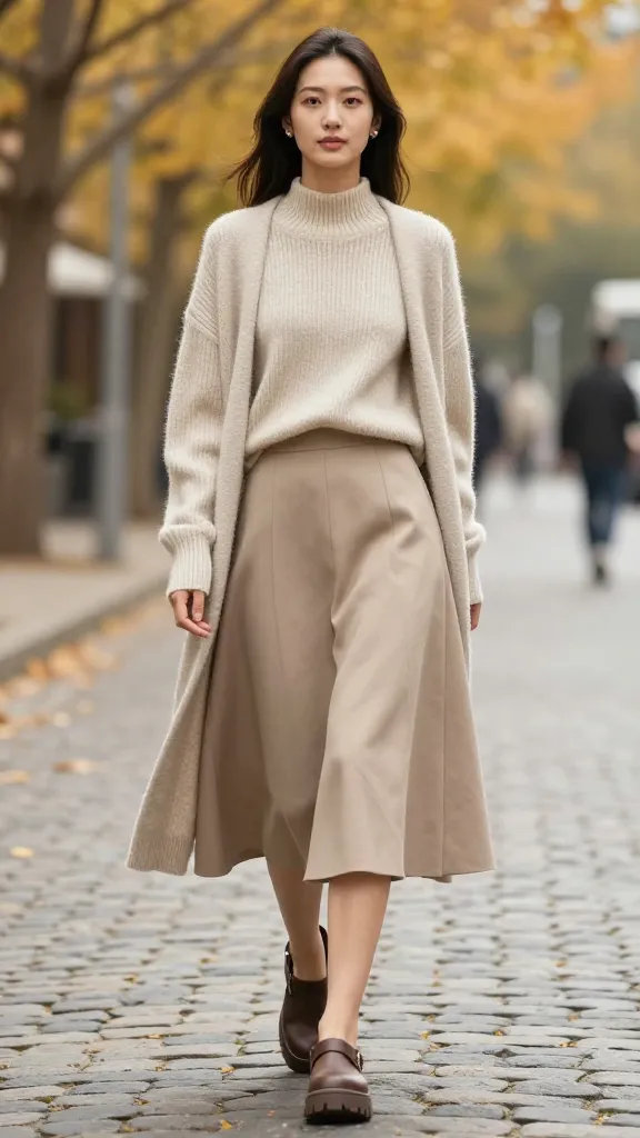 A cozy core ensemble: knee-high neutral knit sweater tucked into a midi A-line skirt, chunky Docs beneath, and a long cardigan draped over shoulders, walking along a cobblestone street lined with fall foliage.