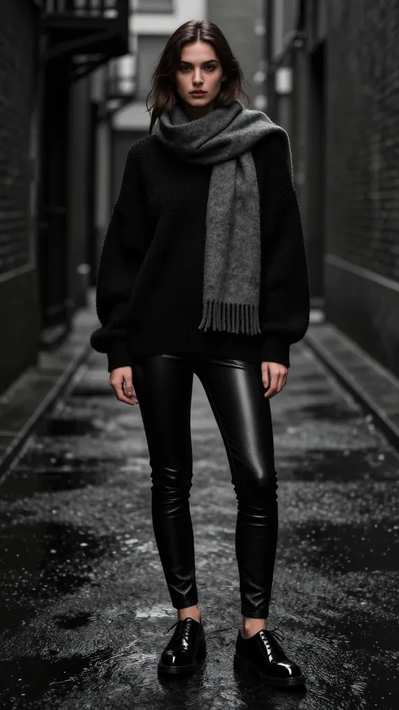 Monochrome magic: all-black outfit with patent black Docs, leather leggings, a black oversized sweater, and a smoky gray scarf, posed against a dark alleyway with subtle rain-lit reflections.