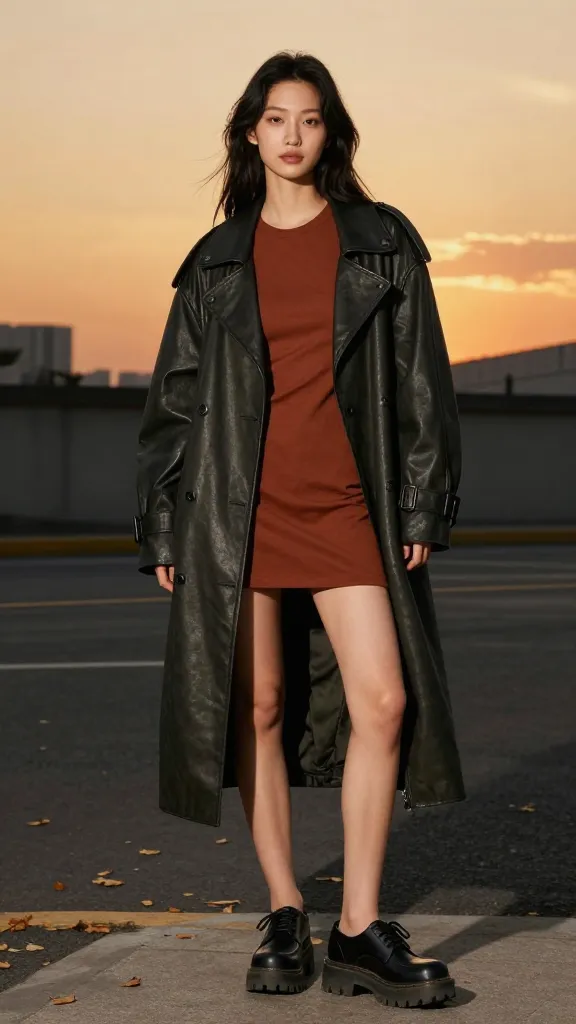 Street corner runway: rust-colored mini dress under an oversized black leather jacket, rugged Docs, and a long moss-green trench, with a background of amber sunset sky and falling leaves.