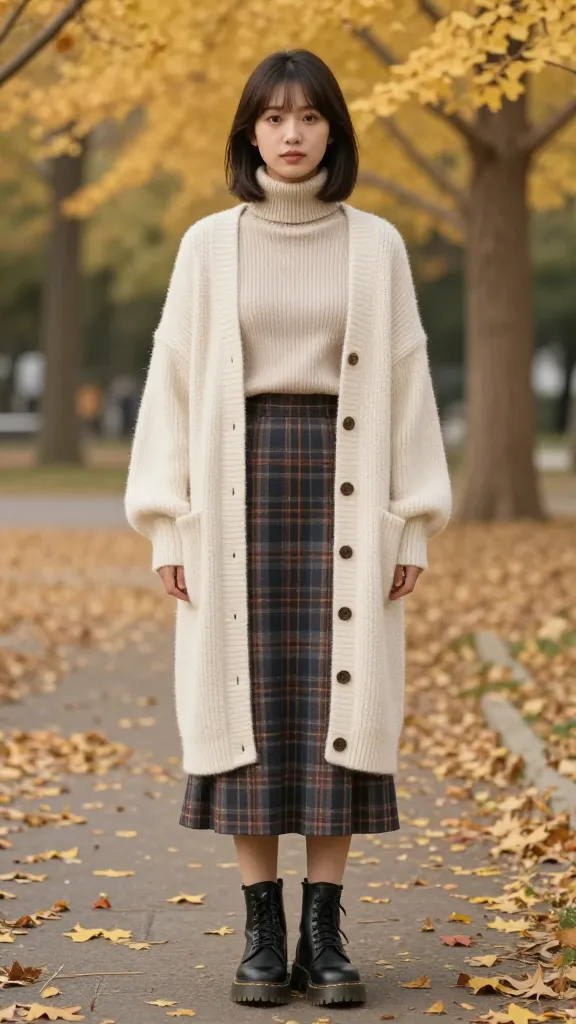 Layered autumn look: oatmeal ribbed turtleneck, midi plaid skirt, chunky Doc Martens, and an oversized knit cardigan in cream, standing in a park with gold-dusted trees.