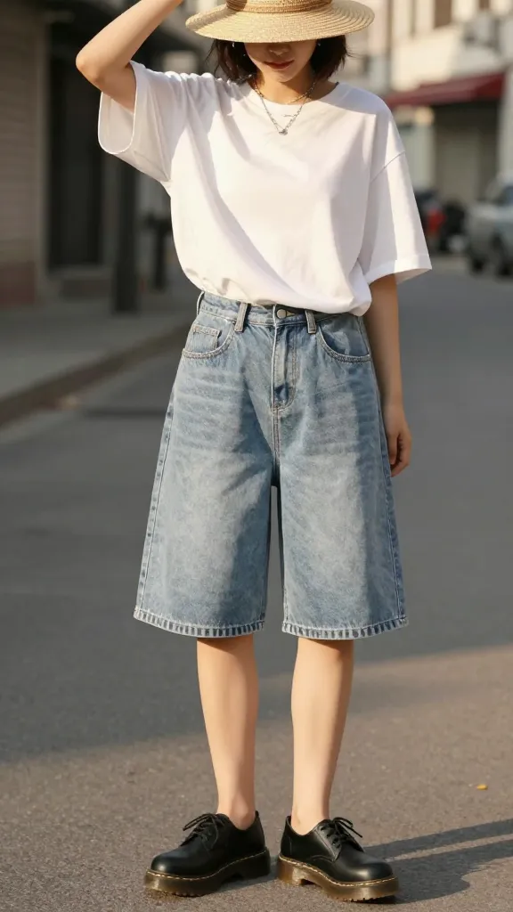 A sunny city street scene featuring a person in knee-length light-wash denim shorts, a loose white tee, black Doc Martens, a straw hat tilted back, and layered delicate necklaces, with warm goldenhour lighting and a subtle breeze lifting the tee.