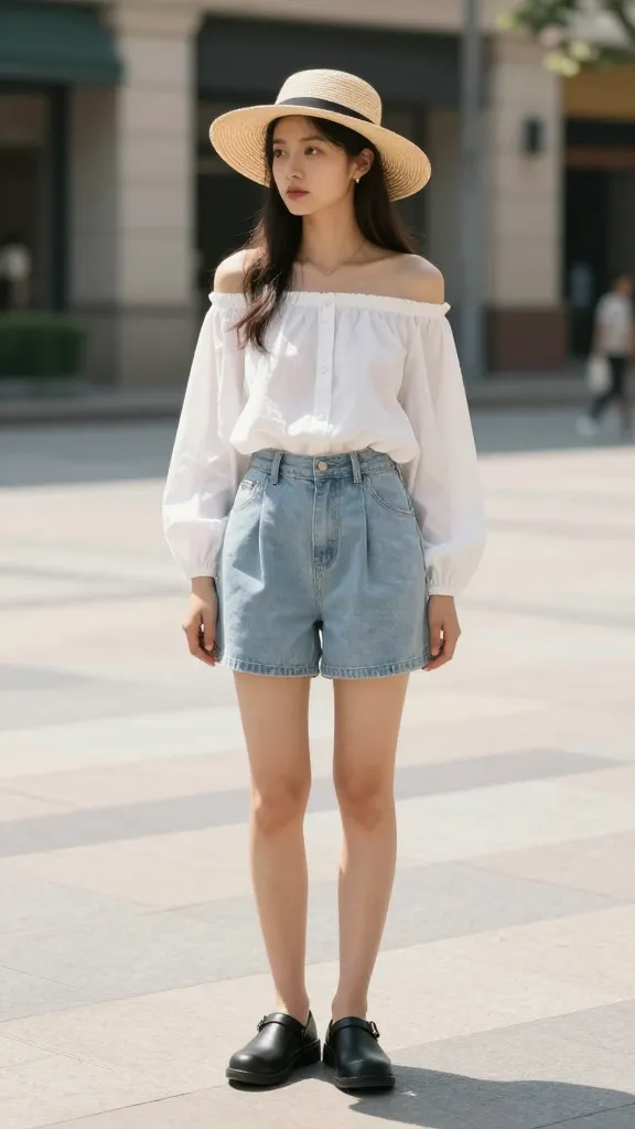 A breezy off-the-shoulder white blouse tucked into high-waisted light-wash shorts, black Docs, and a wide-brim straw hat, standing at an urban plaza with sun-drenched pavement.