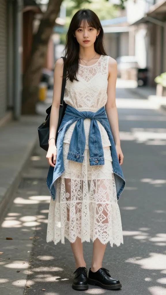 A street-style look featuring black Docs, a longline sheer or lace dress layered over shorts, with a denim jacket tied around the waist, photographed in a shaded alley with dappled sunlight.