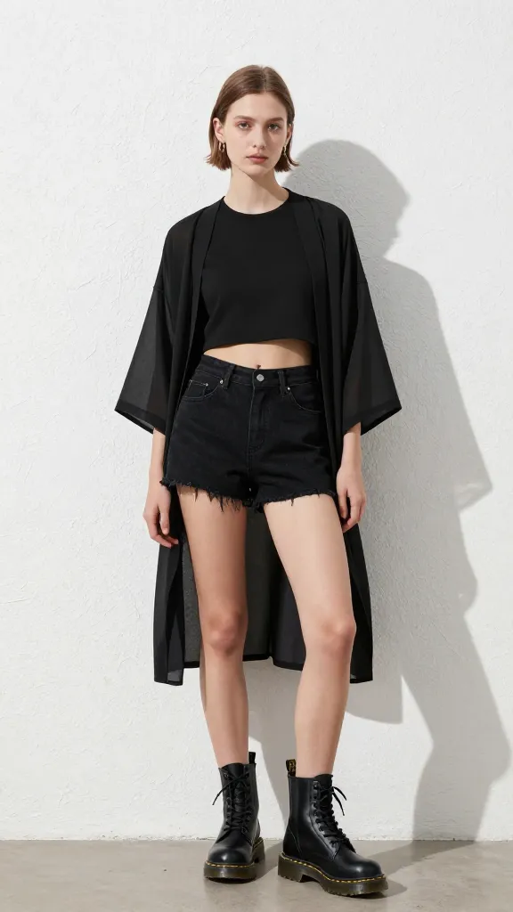 A minimalist black-on-black look: black Doc Martens, black denim shorts, a black cropped top, and a sheer black kimono, posed against a sunlit white stucco wall for high-contrast shadows.