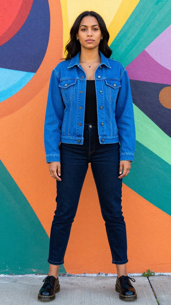A bold color pop denim look: Black woman in a bright colored denim jacket (electric blue) over dark denim jeans, glossy black Doc Martens, and subtle jewelry, posed in front of a vibrant mural.