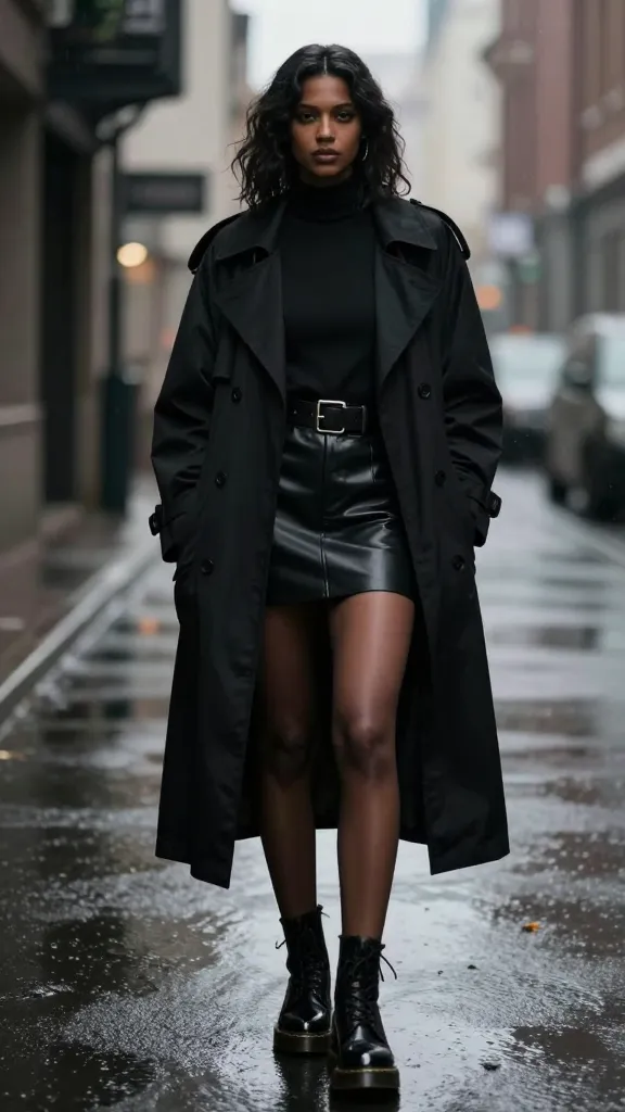 A moody noir-inspired outfit: Black woman in a long black trench, leather mini skirt peeking out, glossy black Doc Martens, and a wide belt, posed in a rain-soaked city alley with soft reflections.
