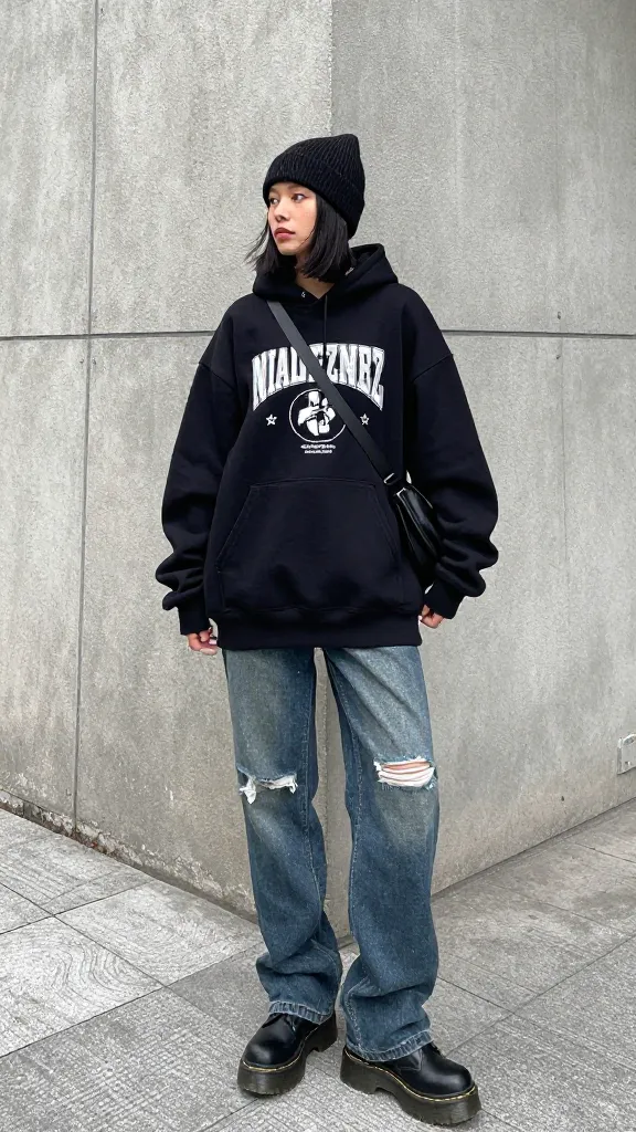 A streetwear-influenced look: Black woman in an oversized graphic hoodie, distressed jeans, and chunky black Doc Martens, with a beanie and crossbody bag, standing at a gritty urban corner.