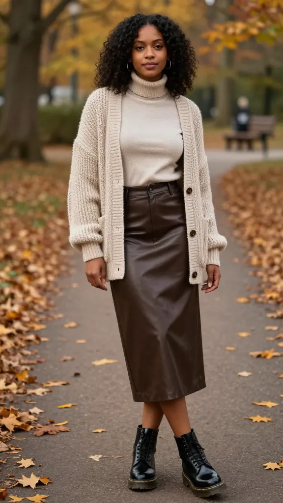 A layered autumn-ready ensemble: Black woman in a chunky knit cardigan, light turtleneck, leather midi skirt, and gloss black Doc Martens, posing in a leaf-strewn park path with amber lighting.