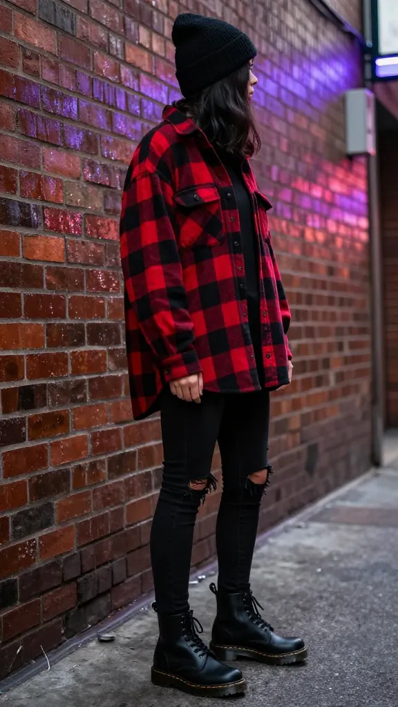 A person wearing black Doc Martens with oversized black-and-red plaid shirt, ripped black skinny jeans, and a black beanie, standing in an urban alley with a slightly damp brick wall and neon reflections, moody lighting.