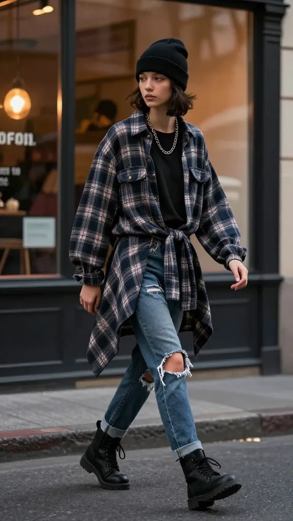 Grunge-inspired street scene: black DM boots, oversized plaid shirt tied at the waist, ripped jeans, beanie, and a layered chain necklace, walking past a vintage storefront at dusk.