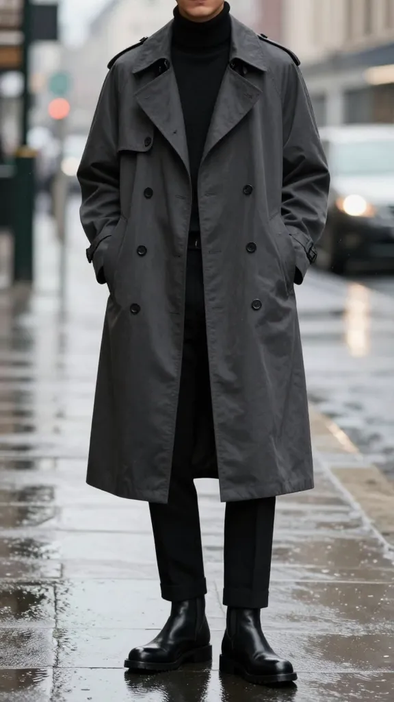 Minimalist chic: black DM boots with a long charcoal trench coat, black turtleneck, and slim black trousers, standing in a rain-soaked city street with reflections and soft bokeh.