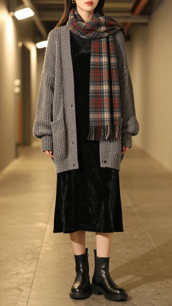 Textured layering: black DM boots, chunky knit cardigan, plaid scarf, velvet midi dress underneath, standing in an industrial hallway with warm tungsten lighting.