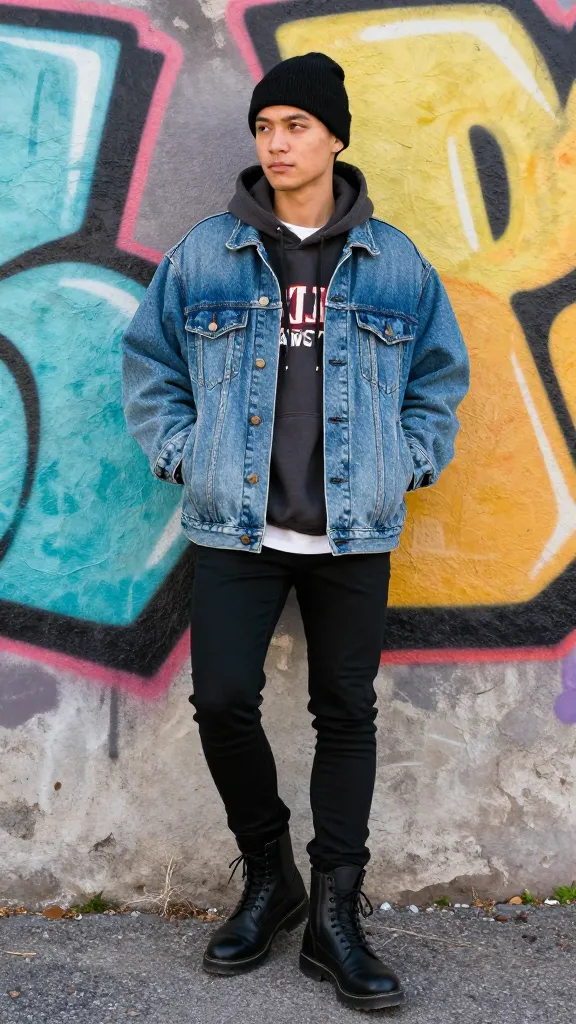 Retro indie vibe: black DM boots, oversized denim jacket over a vintage band hoodie, black skinny jeans, and a beanie, leaning against a graffiti-covered wall with bold color pops.