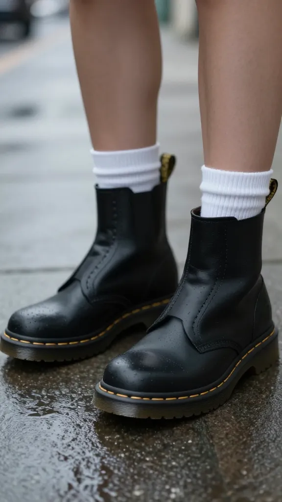 A close-up shot of black Doc Martens with simple white ankle socks, clean line where the socks end just above the boot top, rain-soaked urban sidewalk in the background, muted overcast lighting, no text.