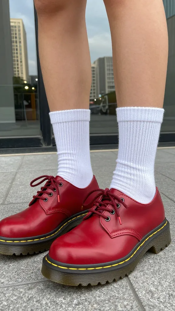 White ankle socks with a subtle ribbed texture paired with red cherry Doc Martens, shot from a low angle to emphasize the contrast, glossy street reflections, daytime city vibe, no text.