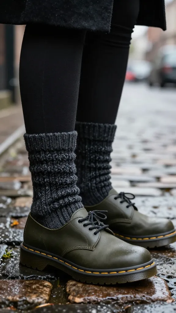 Charcoal chunky knit socks pulled over olive-green Doc Martens, staged on a wet cobblestone street, moody lighting with faint steam in the background, no text.