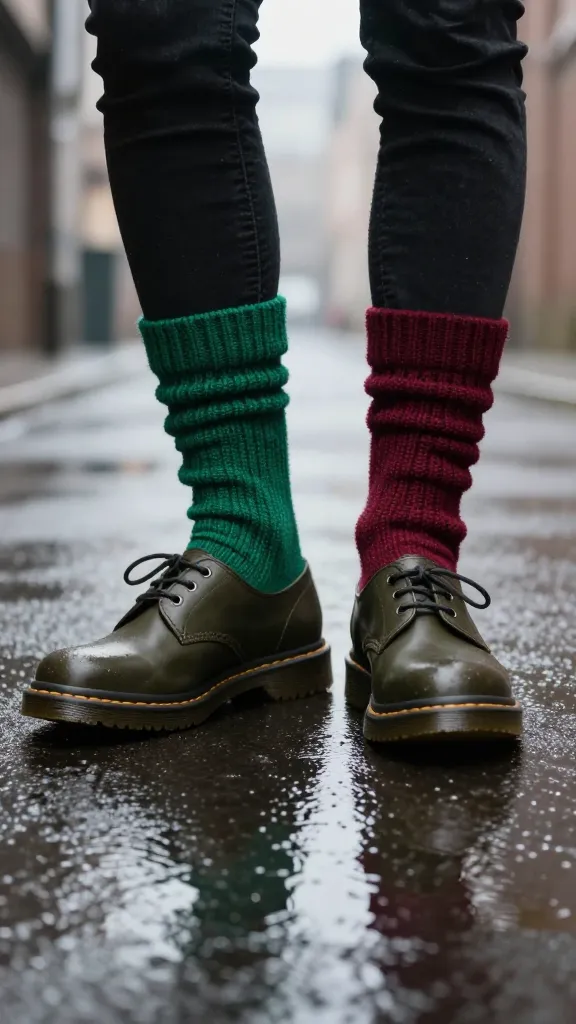 Bold-colored chunky knit socks (emerald or burgundy) showing over olive Doc Martens during a rainy alleyway shoot, misty atmosphere, reflections on wet pavement, no text.