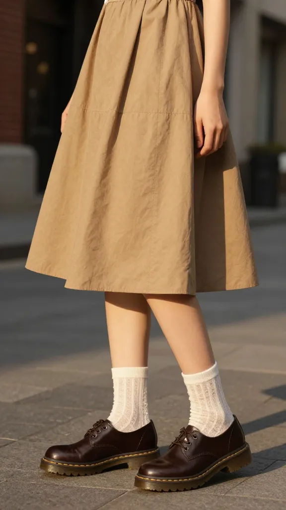 Midi dress with a slit paired with Doc Martens and peekaboo socks (subtle pattern) in a sunlit city block, skirt swishing, warm golden hour light, no text.