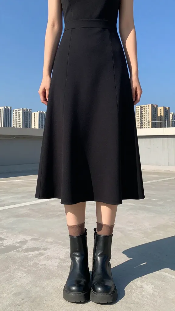 Skirt + Docs: a model wearing midi dress with sheer socks that peek just above the boot, standing on a sunlit rooftop with city skyline behind, clear blue sky, no text.