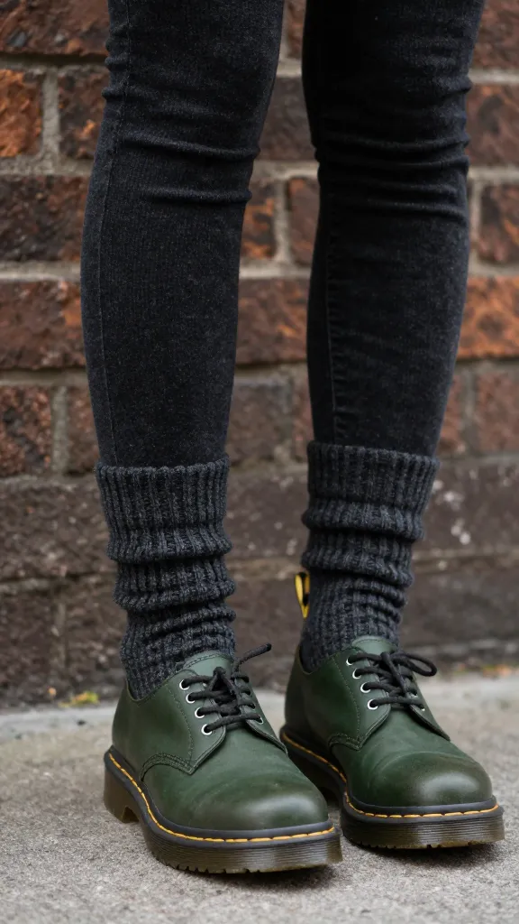 Vintage-inspired outfit: charcoal thick knit socks over moss green Doc Martens, against a textured brick wall, soft diffused light, street-style vibe, no text.
