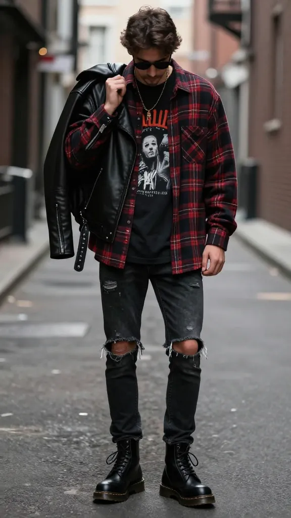 A street-style outfit featuring classic black Doc Martens, ripped skinny jeans, an oversized plaid flannel shirt layered over a vintage band tee, with a black leather motorcycle jacket draped over one shoulder, captured in an urban alleyway with moody lighting.
