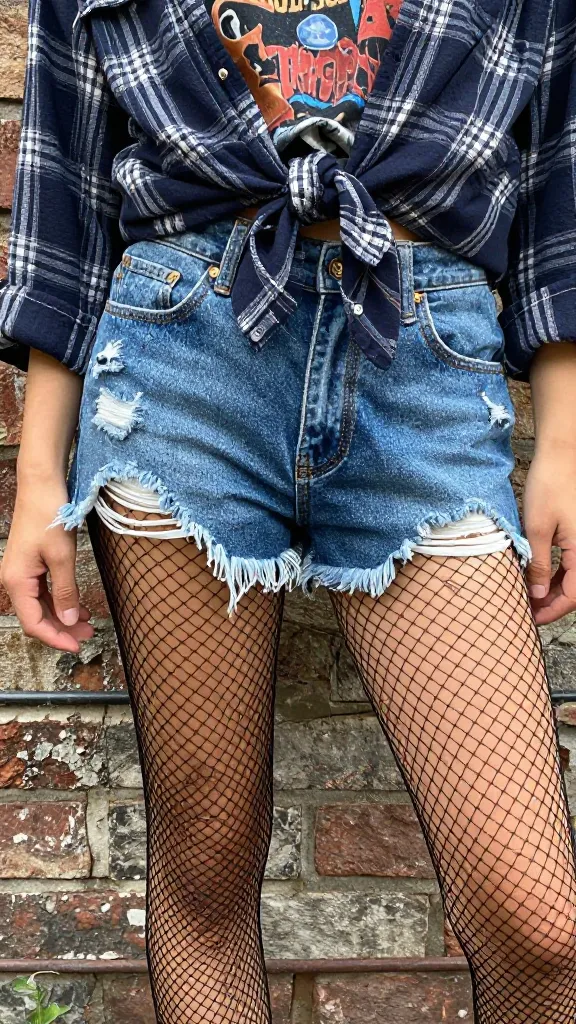 Close-up shot of black Docs paired with distressed denim shorts, black fishnet tights, a vintage band tee tucked in, and an oversized plaid shirt tied at the waist, against a gritty brick wall backdrop.