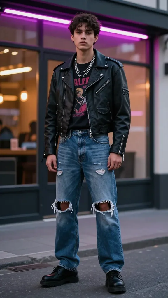 A head-to-toe look in grunge remix: black Docs, cropped black leather jacket, high-waisted ripped jeans, layered silver chains, and a vintage band tee peeking out, standing in front of a neon-lit storefront at dusk.
