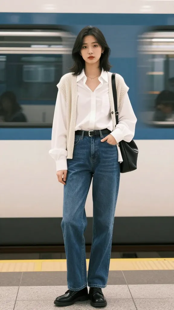 Casual chic: black Docs with straight-leg denim, a white oversized button-down shirt partly tucked, a black belt, and a thin knit cardigan, posing on a transit platform with a subway mural in the background.
