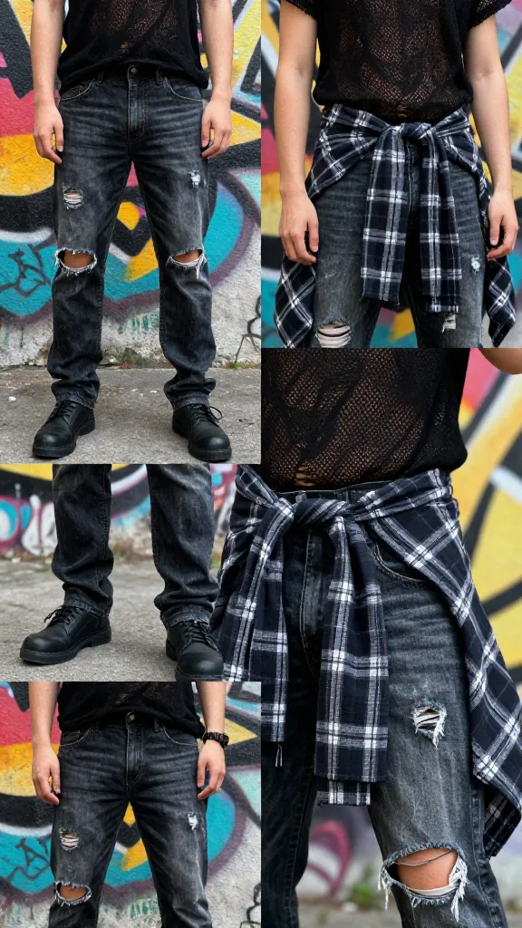Grunge icon close-up: multiple angles of black Docs, torn jeans, a ripped black mesh top, and an oversized flannel shirt tied around the waist, against a graffiti-covered wall with bold colors.