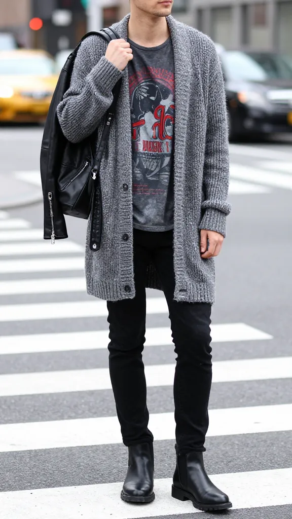 Layered textures look: black Docs, black skinny jeans, a textured oversized gray cardigan, a vintage band tee, and a faux leather moto jacket draped over one shoulder, standing on a crosswalk with city traffic blurred.