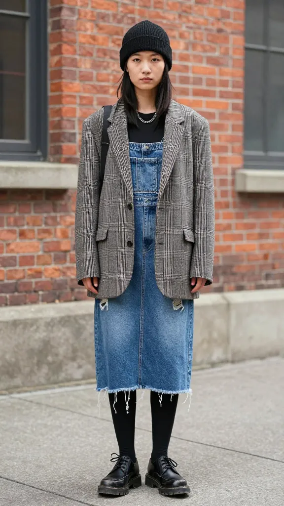 Street poetry vibe: worn-in black Docs, denim over a midi-length distressed skirt, black tights, and an oversized plaid blazer, with a subtle chain necklace and a beanie, in front of an industrial brick building.