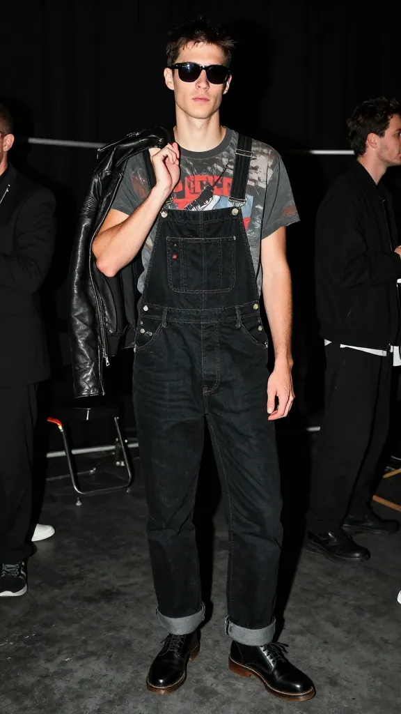 Brooding backstage-inspired: black Docs paired with black denim overalls, a vintage band tee peeking out, a leather jacket slung over the shoulder, and dark sunglasses, photographed backstage with dim, spotlight-like lighting.