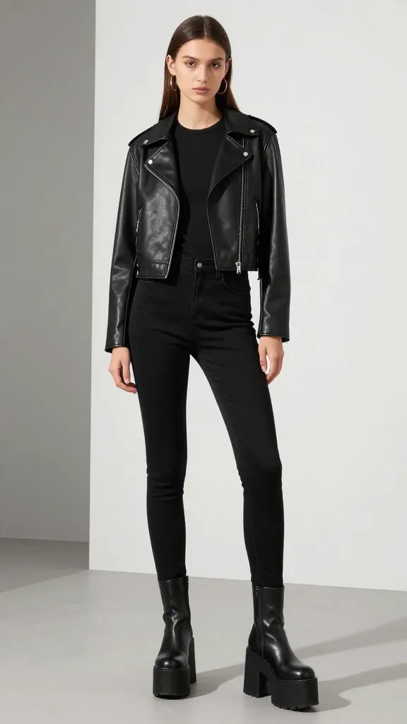 A tall model wearing black Jadon Platform boots, black high-waisted skinny jeans, a cropped black leather jacket, and a fitted black tee, standing against a minimalist urban backdrop with clean lines and soft shadows to emphasize the monochrome silhouette.