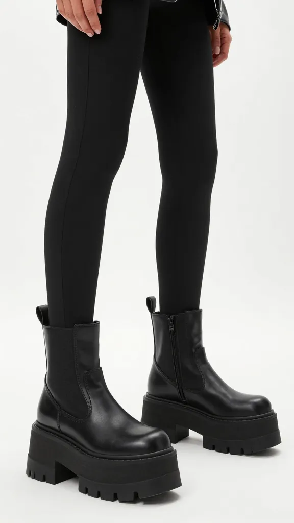 Close-up shot of black Jadon Platform boots with chunky soles, paired with matte black leggings and a cropped leather jacket, captured at a low angle to accentuate leg length and boot height.