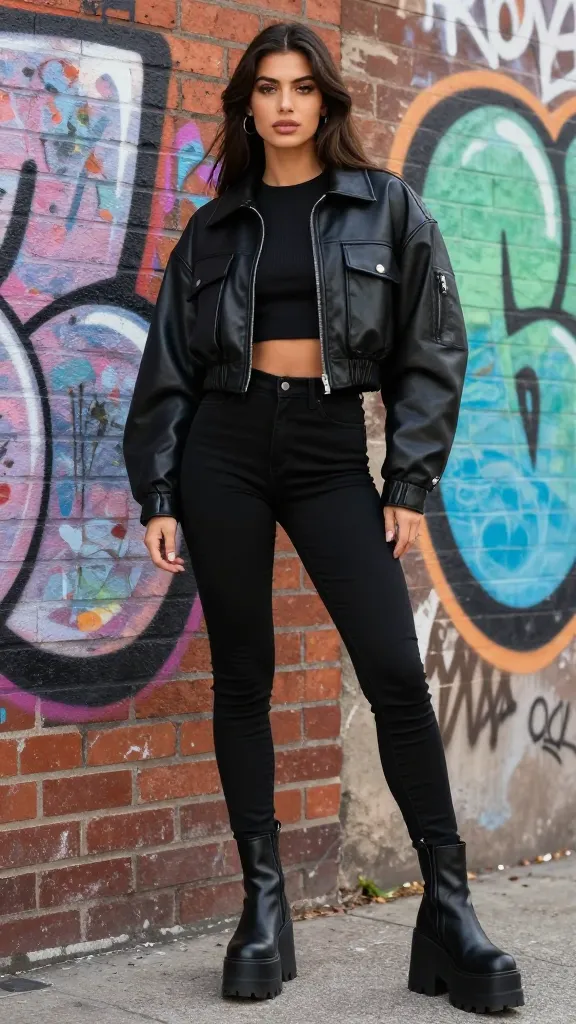 Street-style scene featuring a model in an all-black ensemble: oversized cropped leather jacket, high-waisted skinny jeans, and black Jadon Platform boots, posing against graffiti-covered brick walls for bold urban contrast.