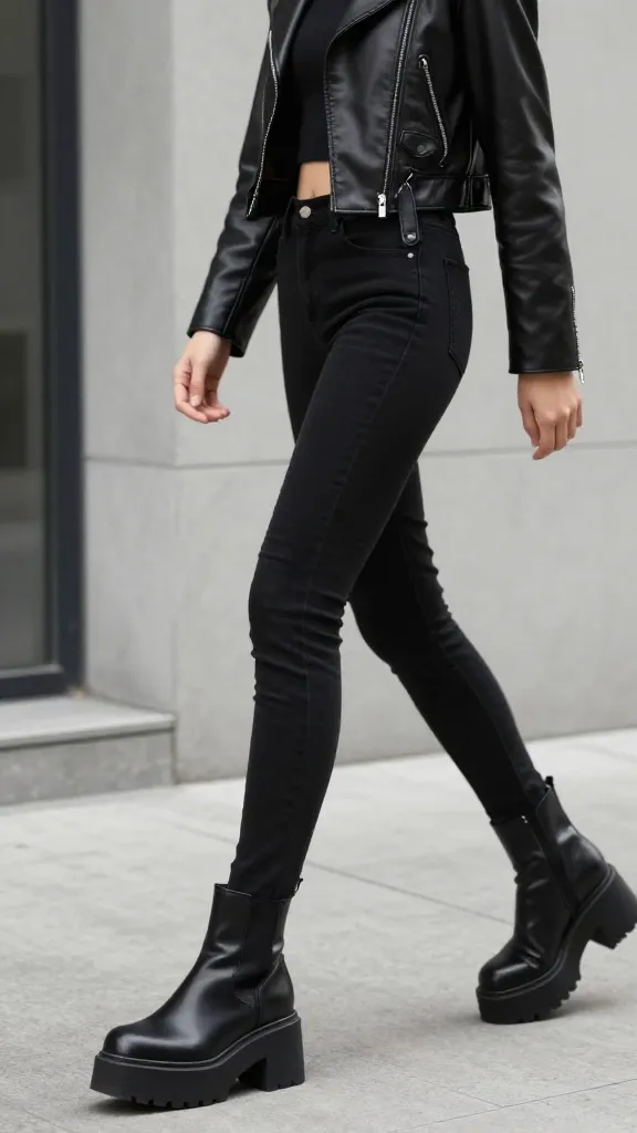 Side profile of a model wearing black Jadon Platform boots, slim-cut black jeans, and a cropped leather jacket, walking along a modern concrete sidewalk with motion blur to convey confidence and edge.