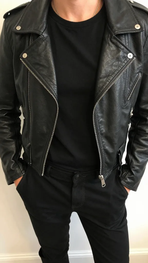 Close-up of the outfit’s upper half: cropped black leather jacket over a fitted black tee, with the model’s hands in pockets and a subtle metallic necklace peeking through, boots visible in the frame.
