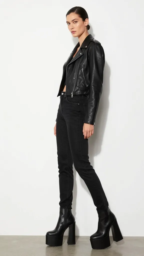 A dynamic three-quarter view of a model in all-black, including a cropped leather jacket, high-waisted jeans, and towering Jadon Platforms, posed against a stark white wall to highlight contrast.