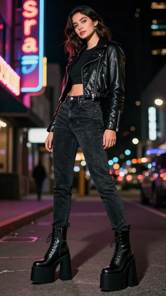 Nighttime city scene: model in black Jadon Platform boots, dark denim, and a cropped leather jacket under neon signage, creating a bold, edge-forward vibe with reflective surfaces.
