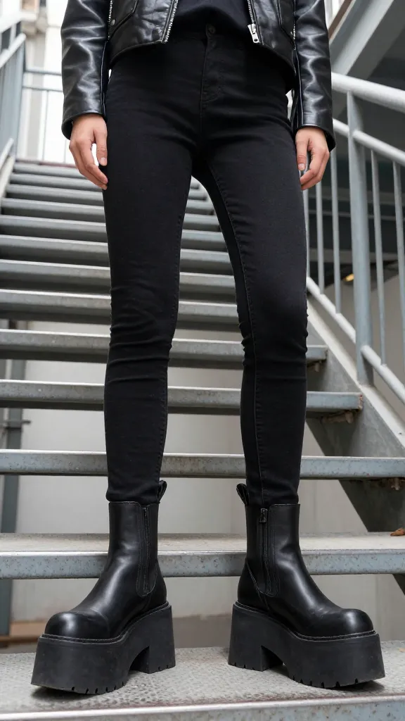Solo shot from a low angle of someone wearing black Jadon Platform boots and black skinny jeans, with a cropped leather jacket and a hooded tee underneath, against an industrial stairwell backdrop.