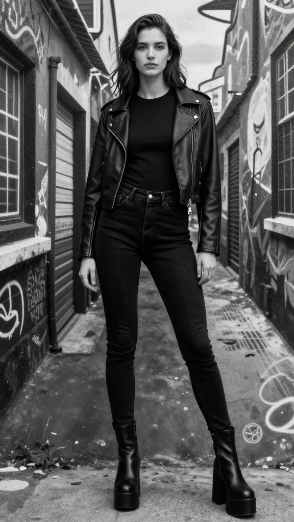 Editorial-style image: monochrome palette with a model in black-on-black layering—tight tee, high-waisted jeans, cropped leather jacket—paired with Jadon Platform boots, standing in front of a black-and-white alley mural to emphasize height and attitude.