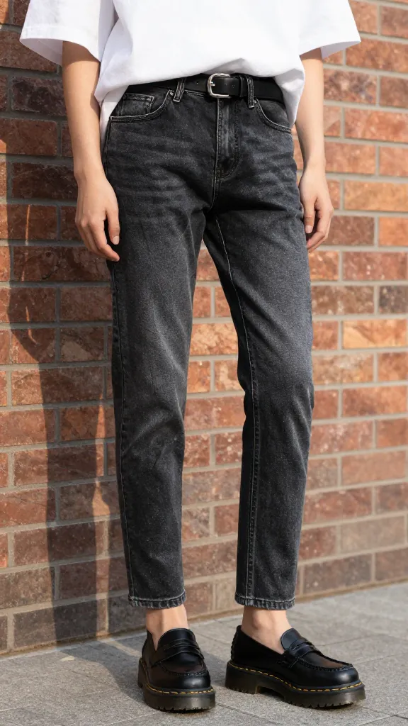 A stylish street-style scene featuring a person in dark-washed skinny jeans, a white oversized tee, a black leather belt, and chunky-soled Doc Martens loafers, standing against a brick wall with a subtle sunlight glow.