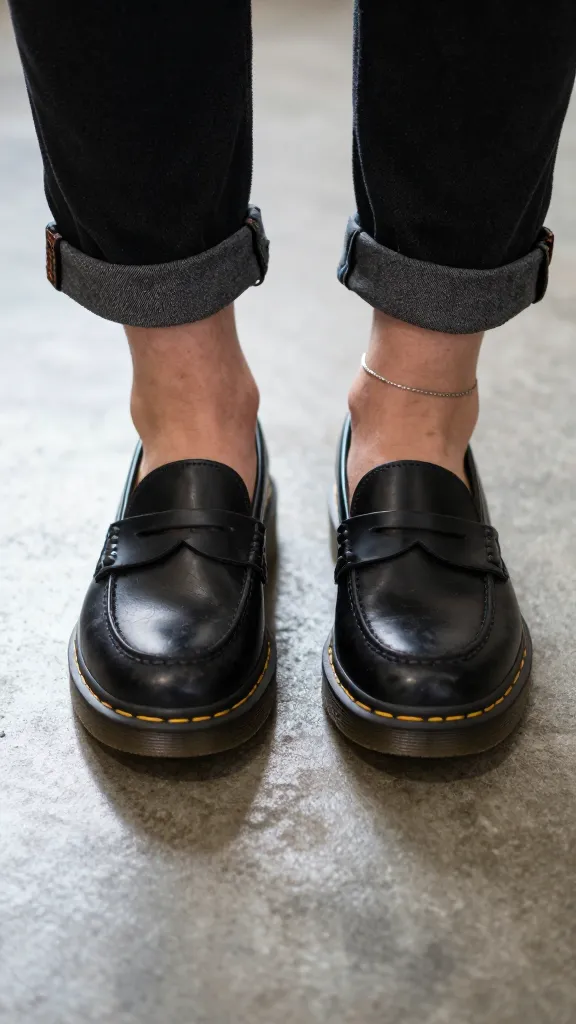 Close-up shot of a pair of black Doc Martens loafers on a polished concrete floor, worn with rolled cuffs exposing a hint of ankle, and a delicate ankle bracelet visible.