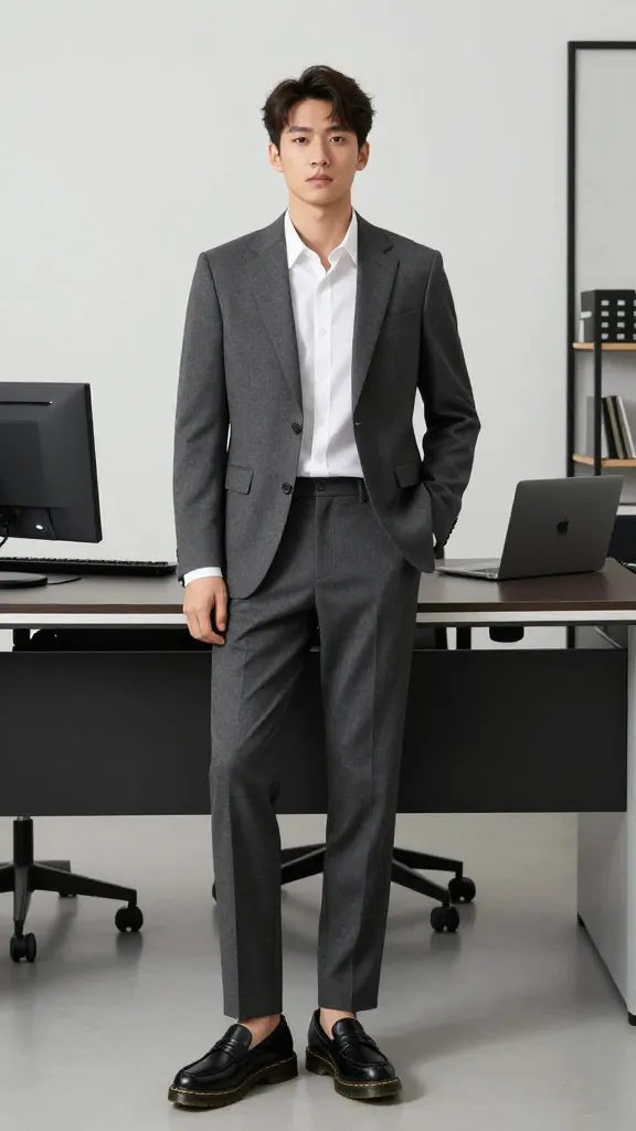 An office-ready look: a tailored charcoal suit with a white button-down, and black Doc Martens loafers, seated at a sleek desk with a minimalist modern workspace in the background.