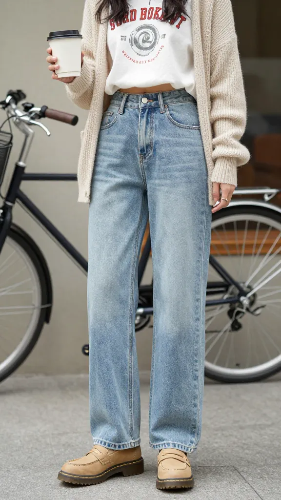 Casual coffee run vibe: light-wash jeans, a cropped graphic tee, a lightweight cardigan, and tan Doc Martens loafers, with a coffee cup and bicycle in the background.