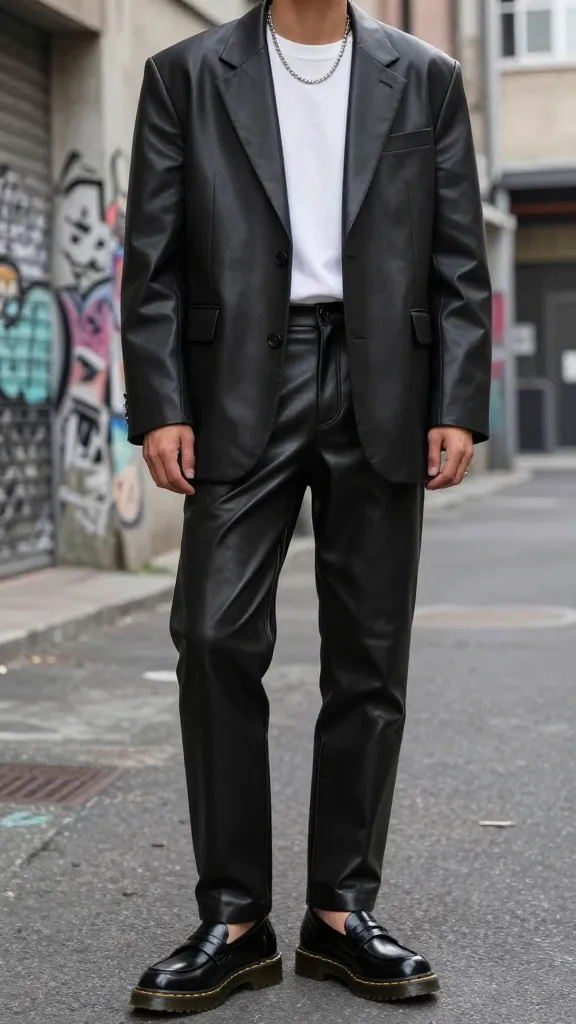 Edgy-meets-polished: black leather trousers, oversized blazer, white tee, and glossy black Doc Martens loafers, against an urban alley backdrop with subtle graffiti.